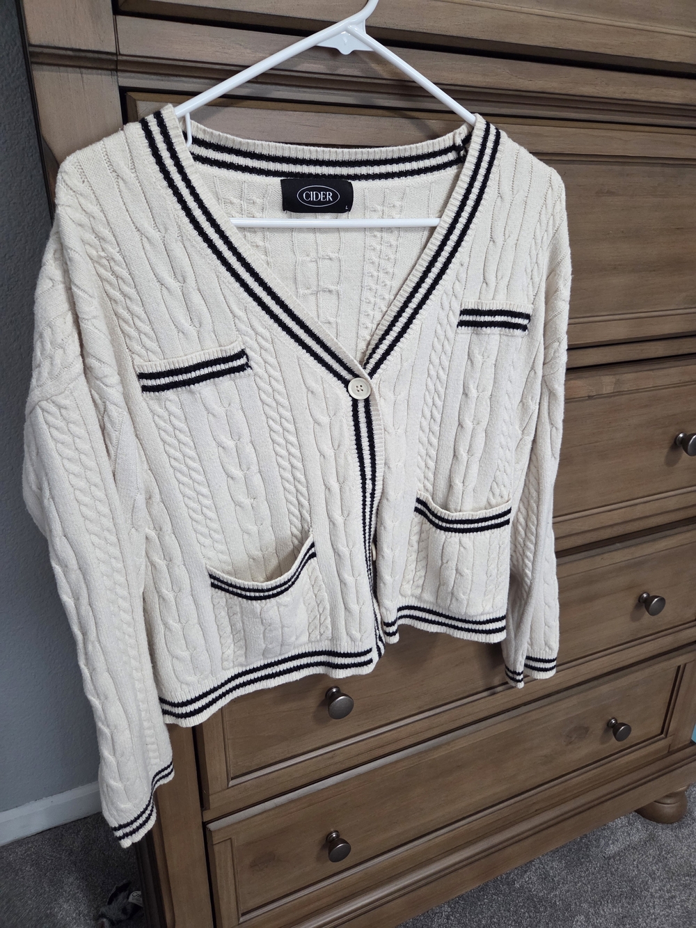 Cream Cable-Knit Cardigan with Contrast Trim